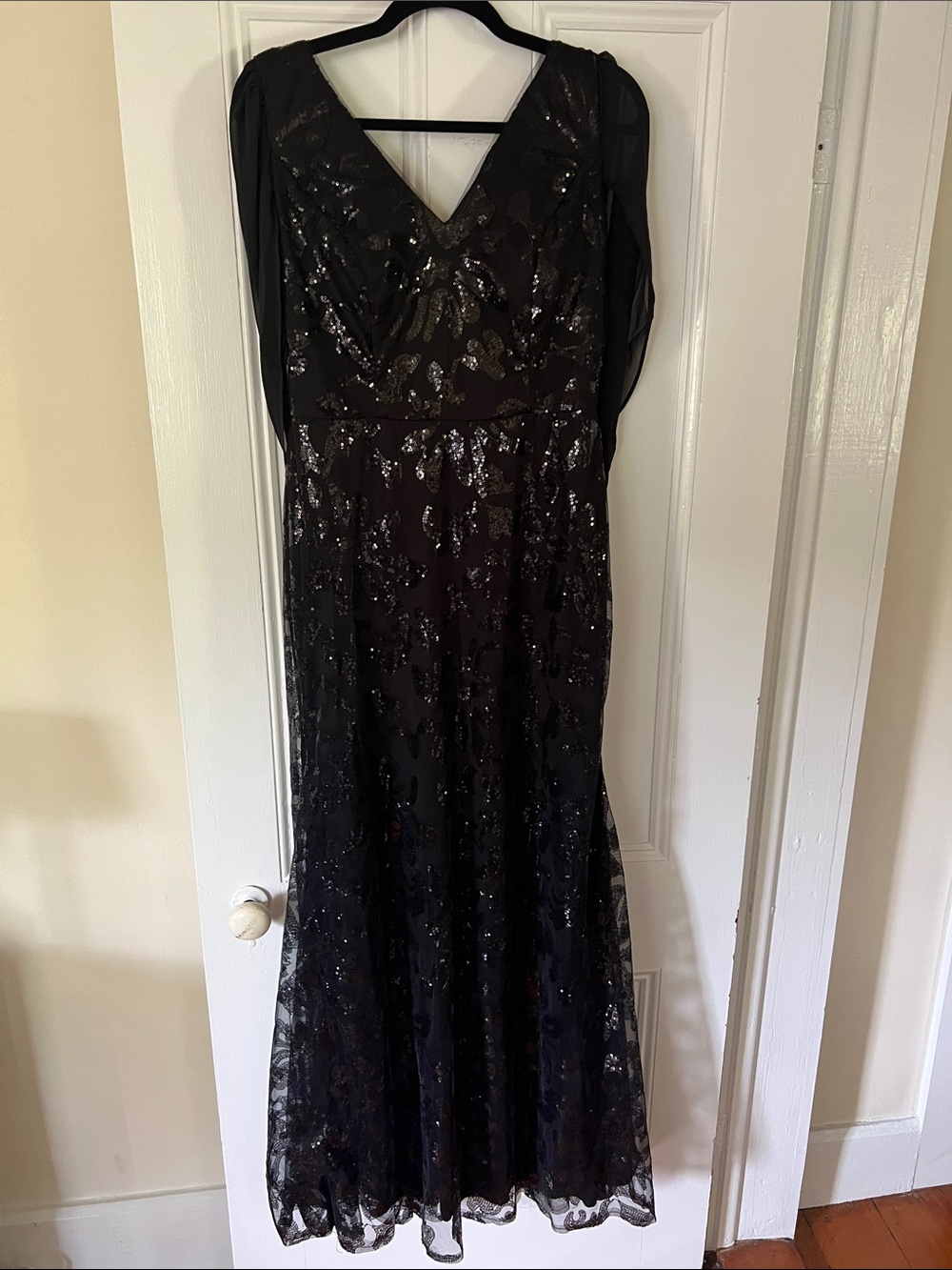 Elegant Black Sequin Evening Dress infinity scarf sleeve.